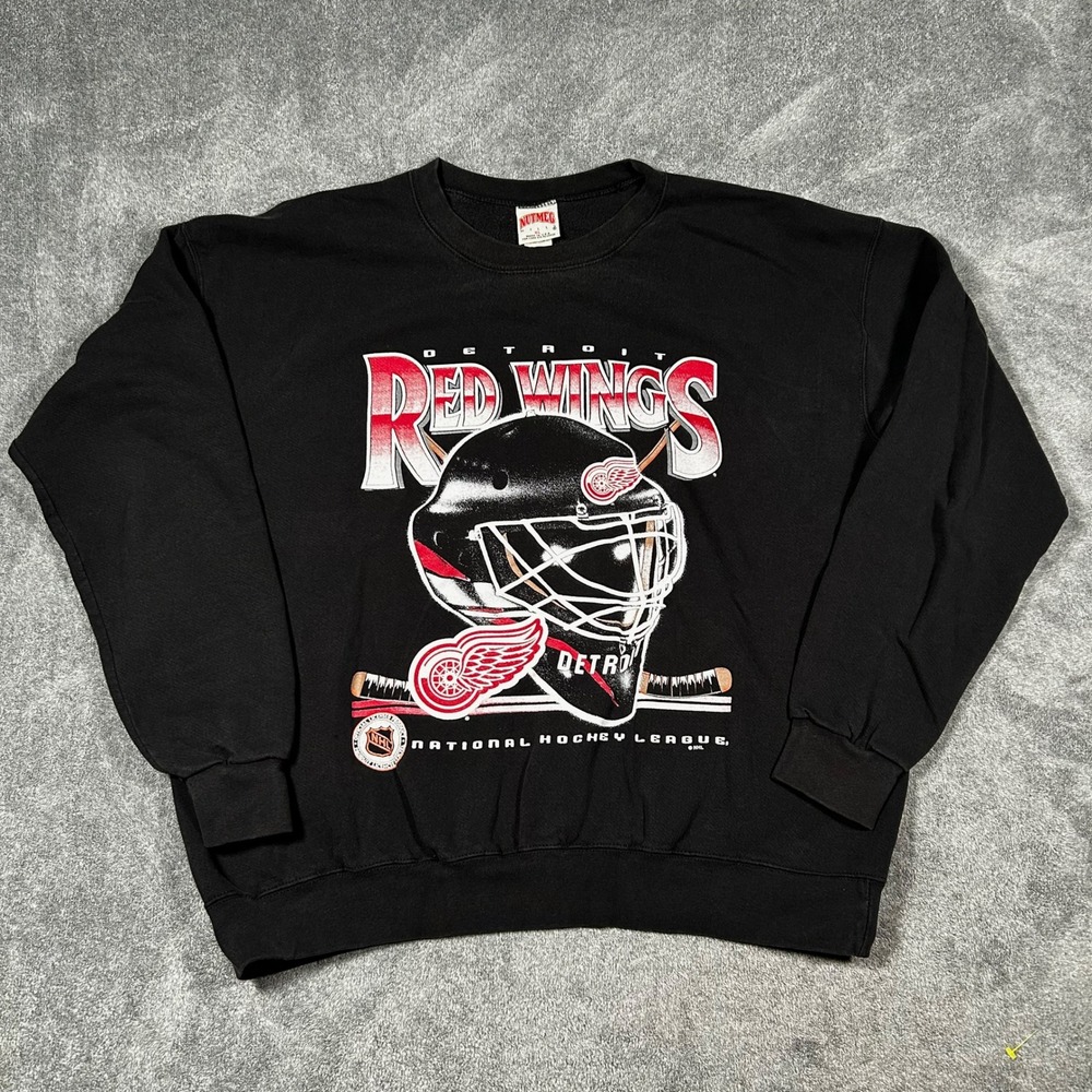 Vintage Nutmeg Mills Detroit Red Wings NHL 90s Crewneck Sweatshirt Black XL USA
